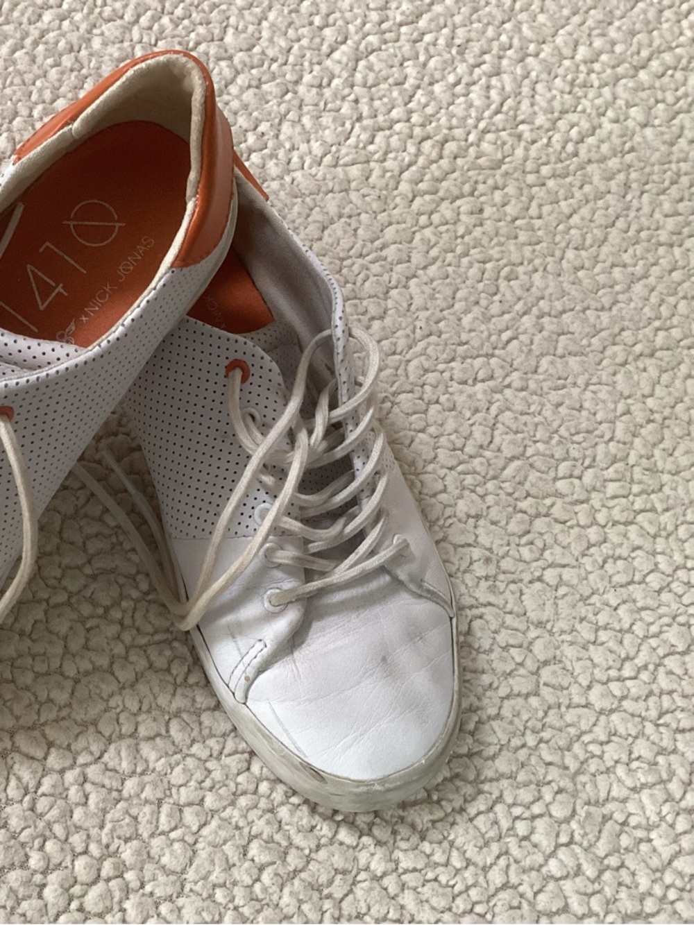Nick Jonas 1410 White Leather Sneakers with Orange Insole Detail